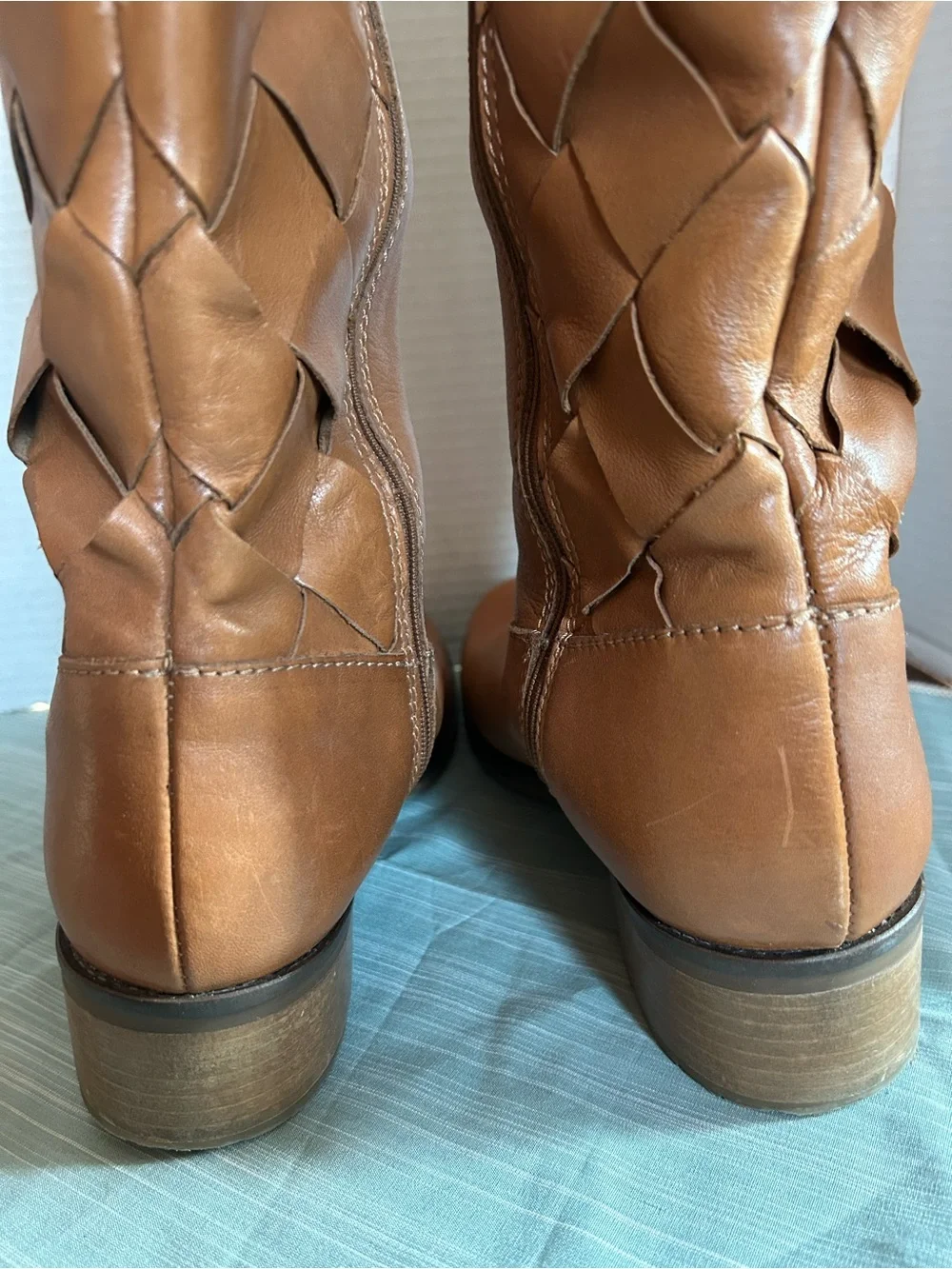 Women's Over-the-Knee Tan Leather Boots with Woven Side Detail